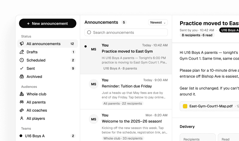Announcements inbox with read receipts