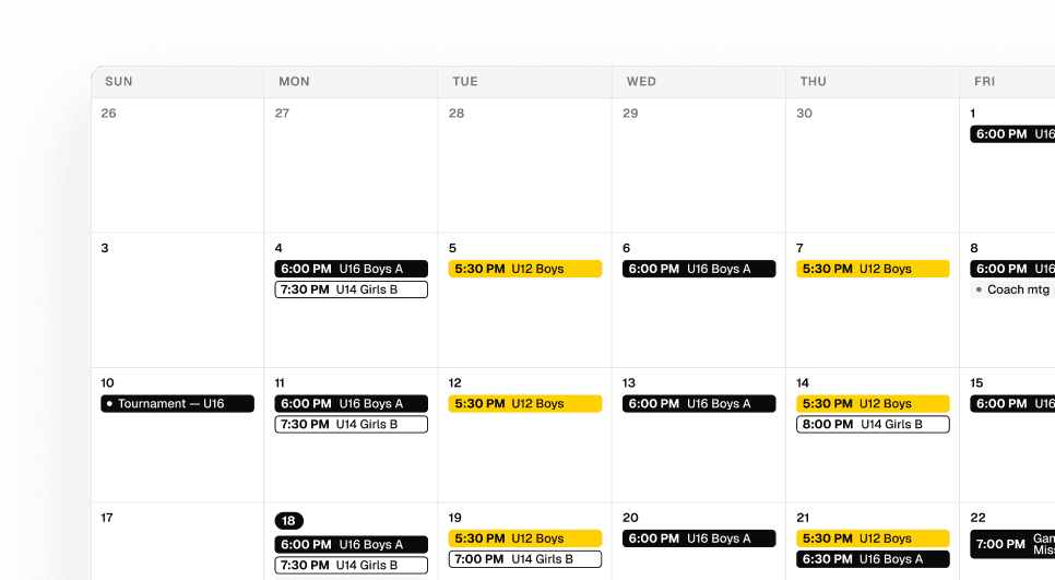 Monthly calendar grid with color-coded team sessions