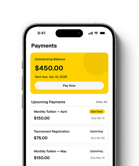 VolleyBoom payments screen showing outstanding balance and upcoming tuition