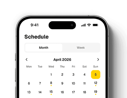 VolleyBoom schedule screen showing a monthly practice calendar