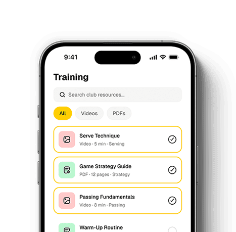 VolleyBoom training screen listing club videos and PDF resources